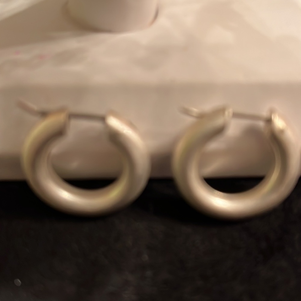 Brushed sterling silver hollow hoops. - Picture 3 of 3